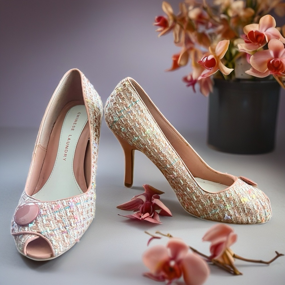 Vintage Chinese Laundry Tweed Peep-Toe Heels / Size 8